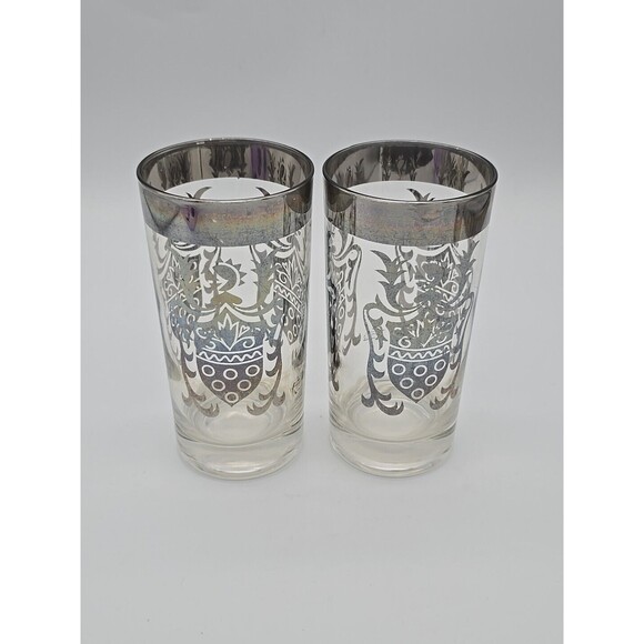 Vintage Kimico Silver Lustre Knights Crest Coat of Arms 5.5" Collins Glass Pair - Picture 7 of 8